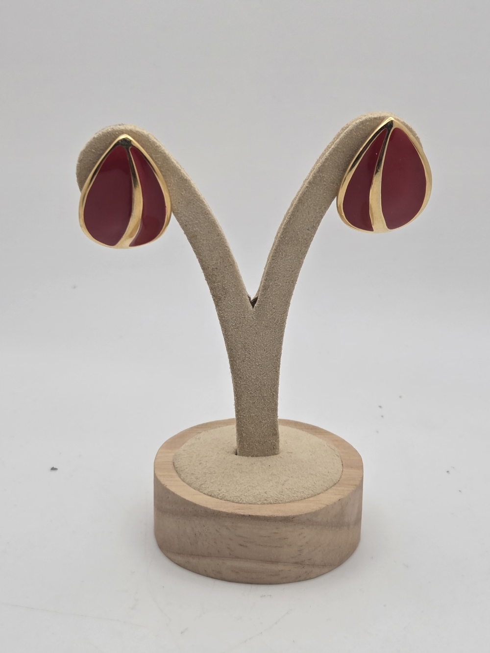 Vintage NAPIER Red Enamel Teardrop Stud Earrings Gold Tone Split Leaf Signed